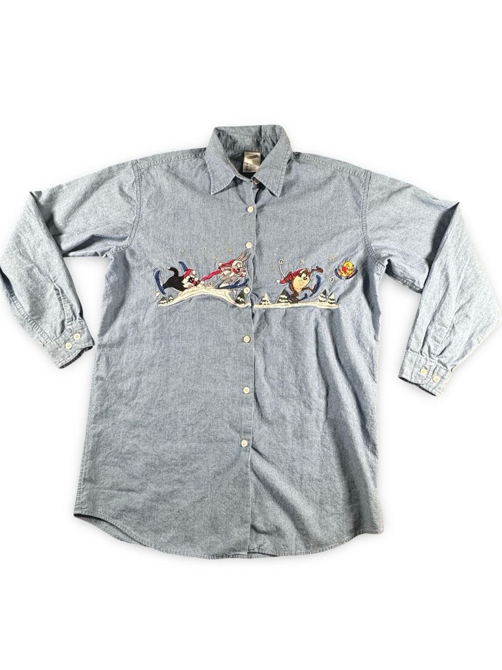 VTG 90's Looney Tunes Warner Bros. Studio Store Denim Button Up Shirt Size S‎